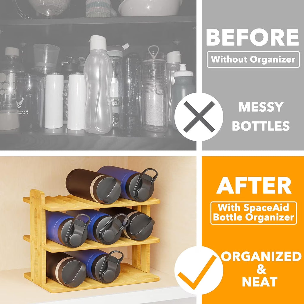 Bamboo Water Bottle Organizer with Labels, 3-Tier Stackable Bottle Holder