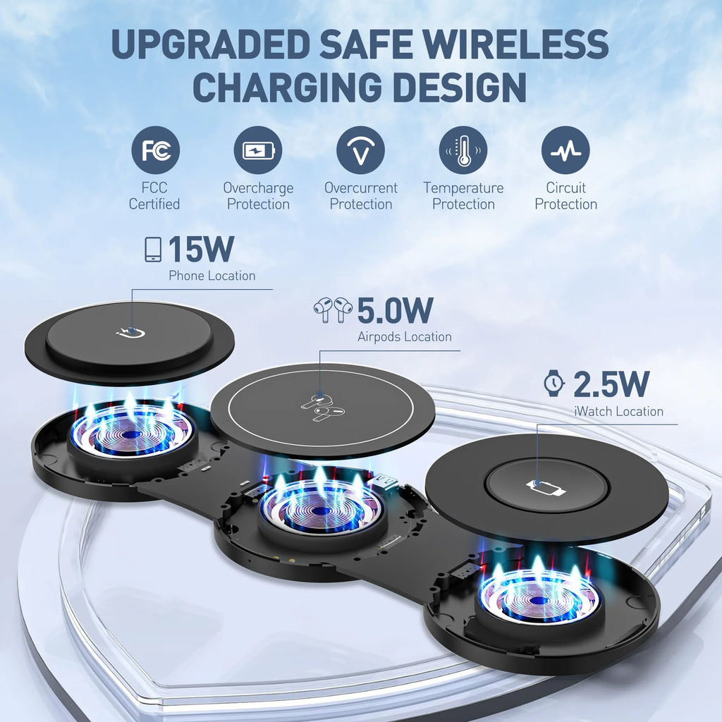 Wireless Charger for Iphone, 3 in 1 Charging Station for Apple Devices, Travel Magnetic Charger Stand for Iphone 17 16 15 14 13 12 Pro Max, Airpods 4/3/2/Pro, Apple Watch 3-10