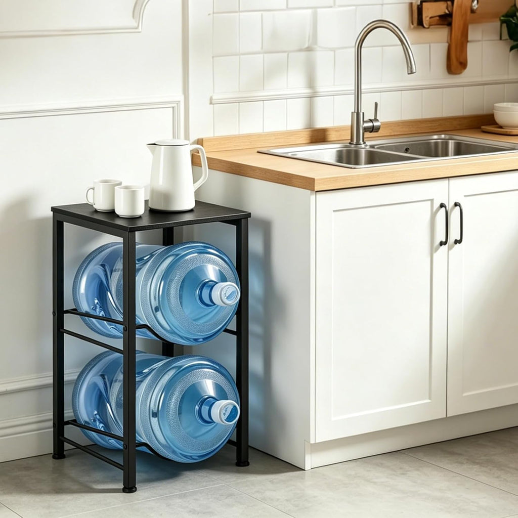 5 Gallon Water Jug Holder 2 Tier Water Bottle Holder Organizer with Top Shelf Heavy Duty Water Storage Rack Dispenser Stand for Kitchen Office Garage Black