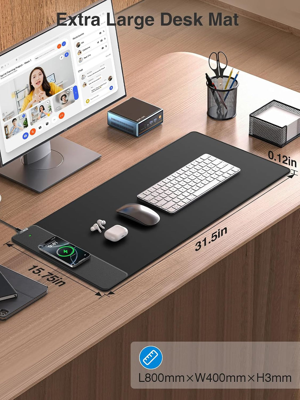 Wireless Charging Mouse Pad, 31.5"X15.8" Large Desk Mat, Smooth Glide | Waterproof Mousepad, Stitched Edge, Non-Slip Rubber Base, Desk Pad Computer Keyboard Mat, No Adapter
