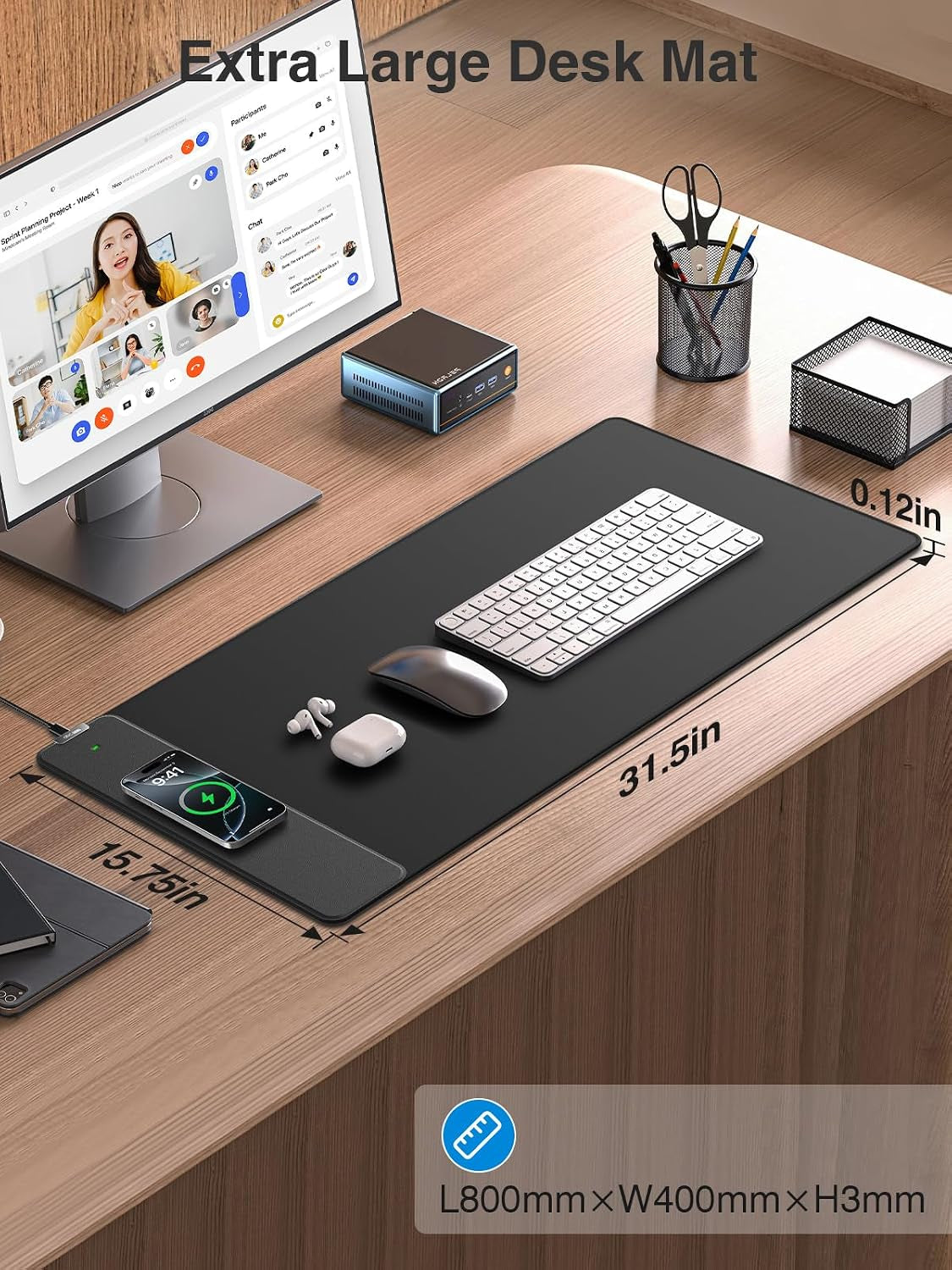 Wireless Charging Mouse Pad, 31.5"X15.8" Large Desk Mat, Smooth Glide | Waterproof Mousepad, Stitched Edge, Non-Slip Rubber Base, Desk Pad Computer Keyboard Mat, No Adapter