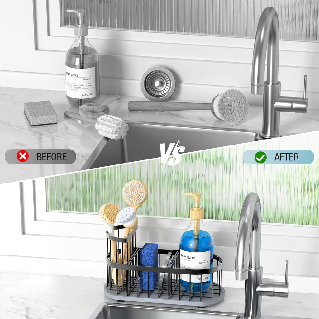 Sink Caddy Kitchen Sink Organizer, Sponge & Brush Holder, Stone Drying Mat | Space-Saving Sink Sponge Holder with Full-Size Tool Storage, Fits Most Sinks, Kitchen Sink Accessory and Countertop Organizer