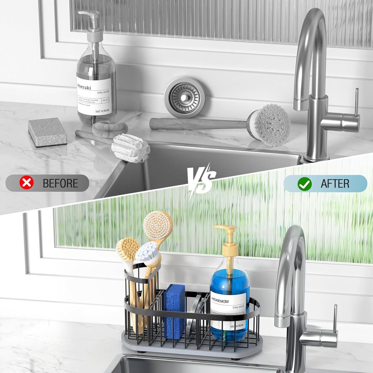 Sink Caddy Kitchen Sink Organizer, Sponge & Brush Holder, Stone Drying Mat | Space-Saving Sink Sponge Holder with Full-Size Tool Storage, Fits Most Sinks, Kitchen Sink Accessory and Countertop Organizer