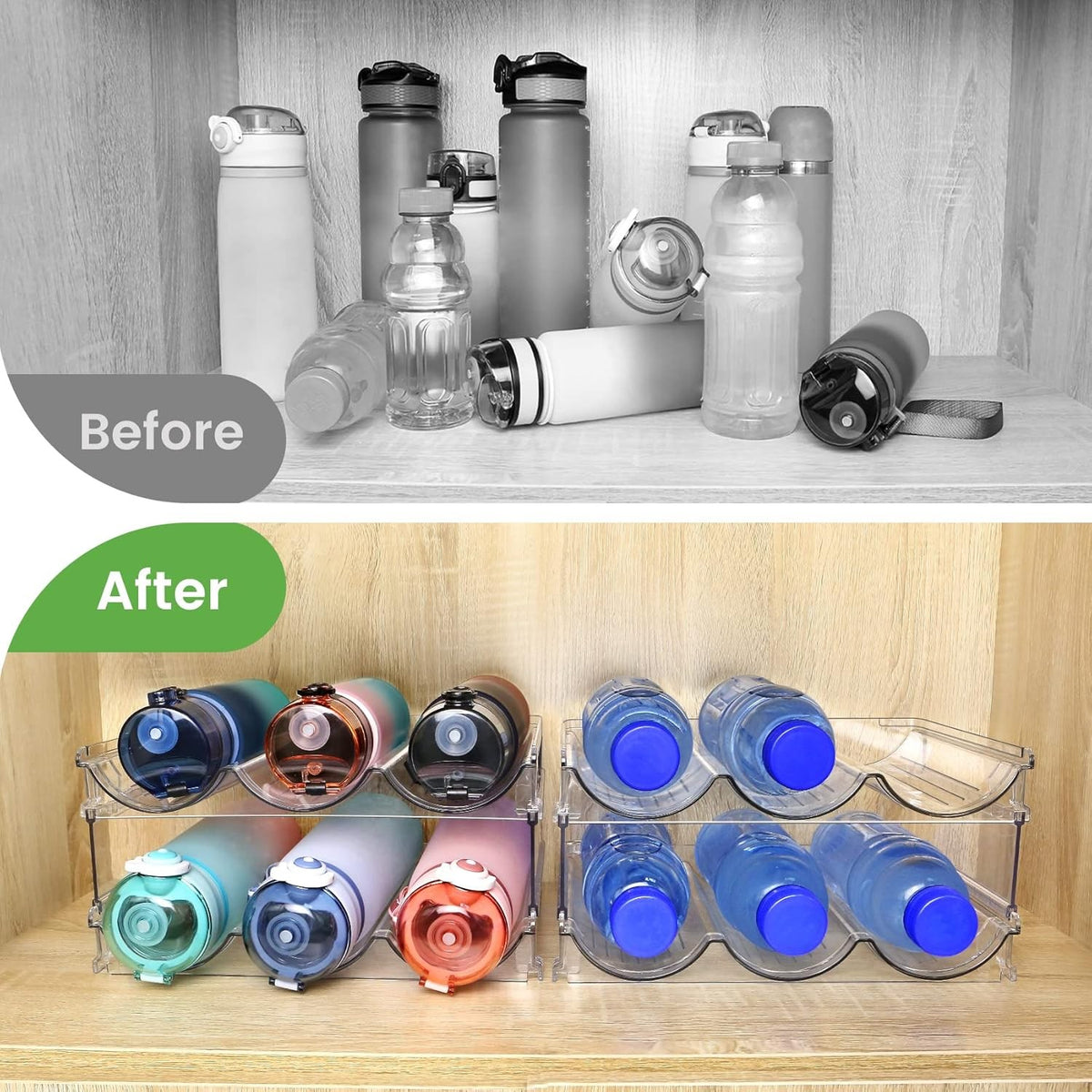 Water Bottle Organizer for Cabinet Stackable