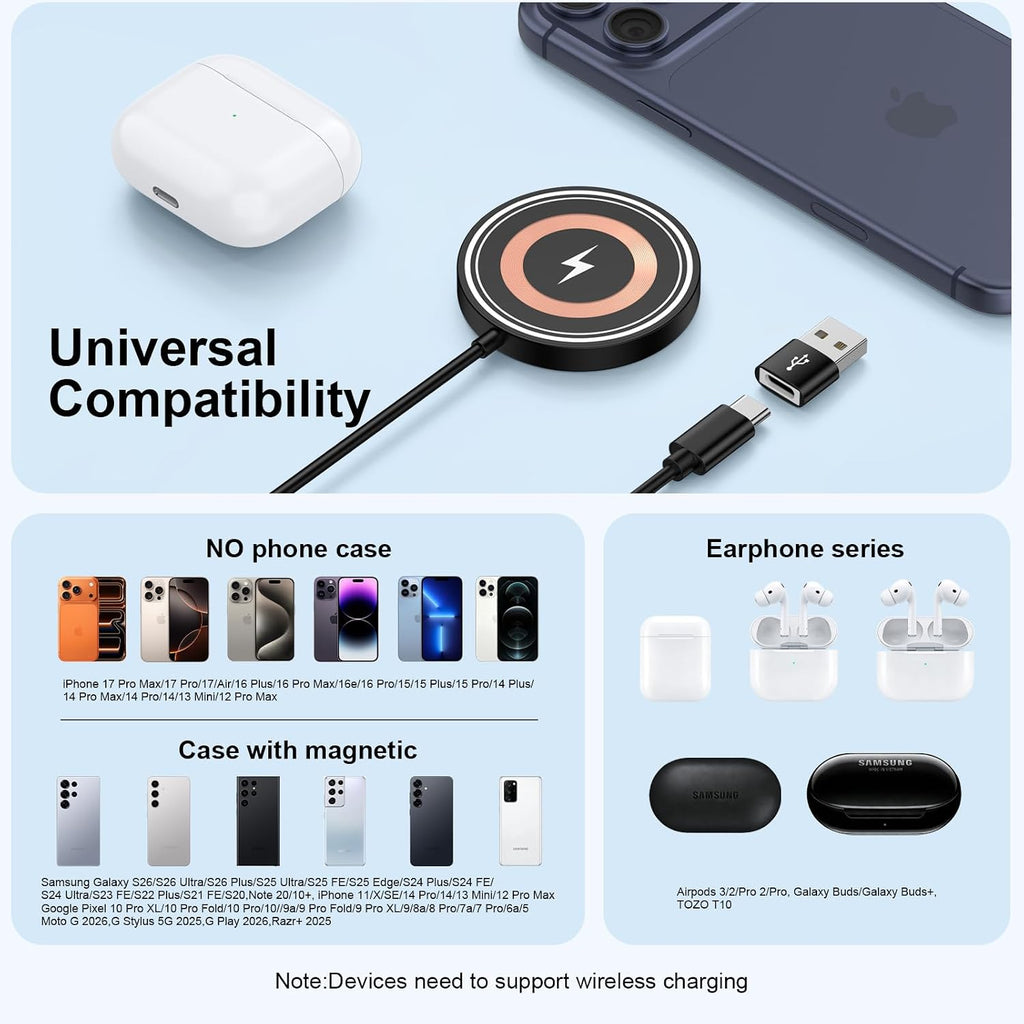 Magnetic Wireless Charger Pad for Samsung Galaxy S26 Ultra S26+ S26 S25 Ultra S24 FE S23,15W Magnet Wireless Fast Charging Station Magsafe Charger for Iphone 17 Pro Max 16Plus 15 14 13,Google Pixel 10