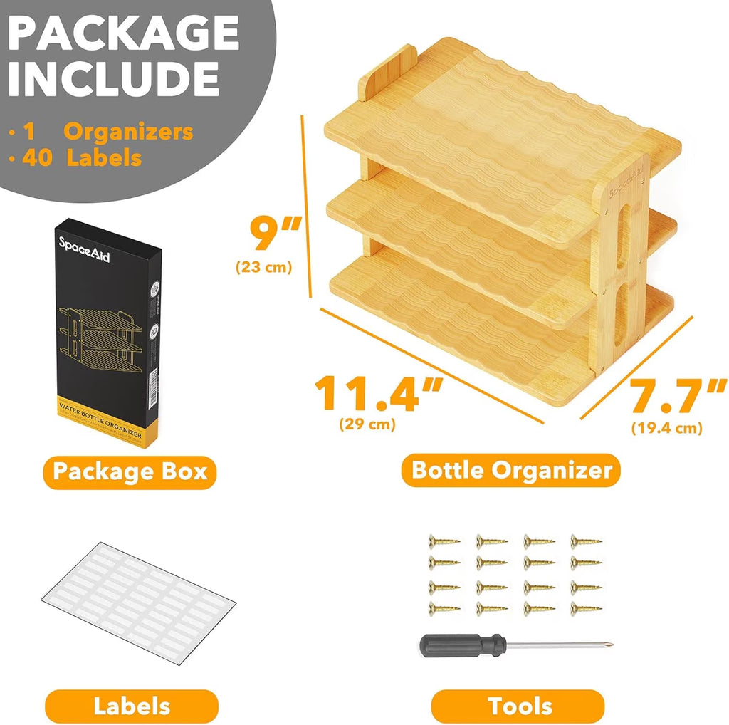 Bamboo Water Bottle Organizer with Labels, 3-Tier Stackable Bottle Holder