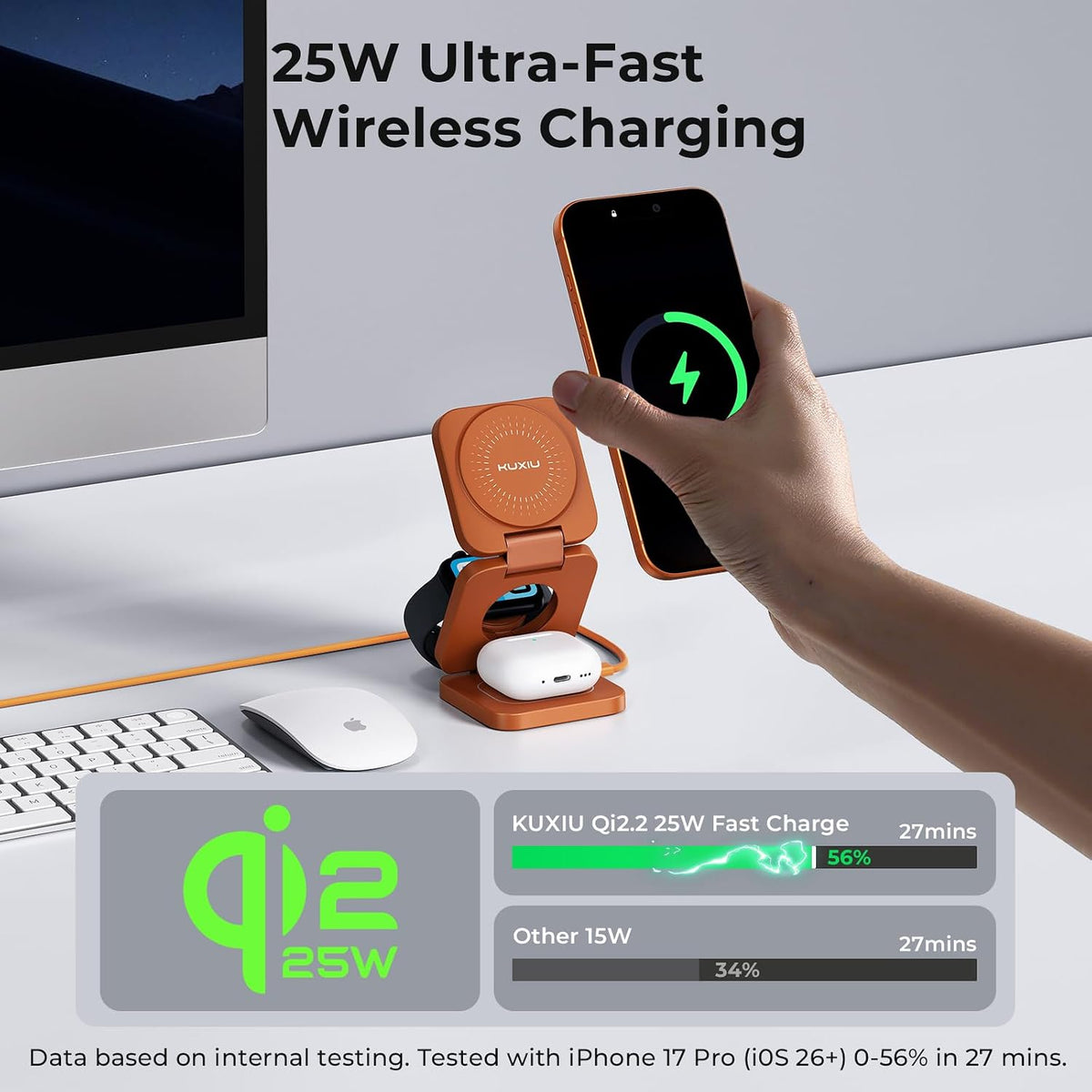 QI 2.2 25W 3-In-1 Charging Station for Apple Device, Foldable Magnetic Charger for Iphone 17/16, 5W for Apple Watch & Airpods, Fast Travel Wireless Charging Stand with 45W Adapter