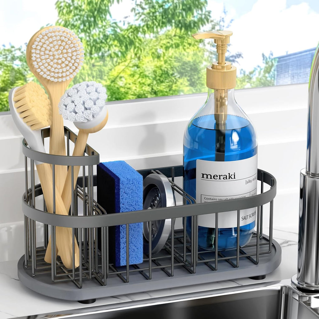 Sink Caddy Kitchen Sink Organizer, Sponge & Brush Holder, Stone Drying Mat | Space-Saving Sink Sponge Holder with Full-Size Tool Storage, Fits Most Sinks, Kitchen Sink Accessory and Countertop Organizer