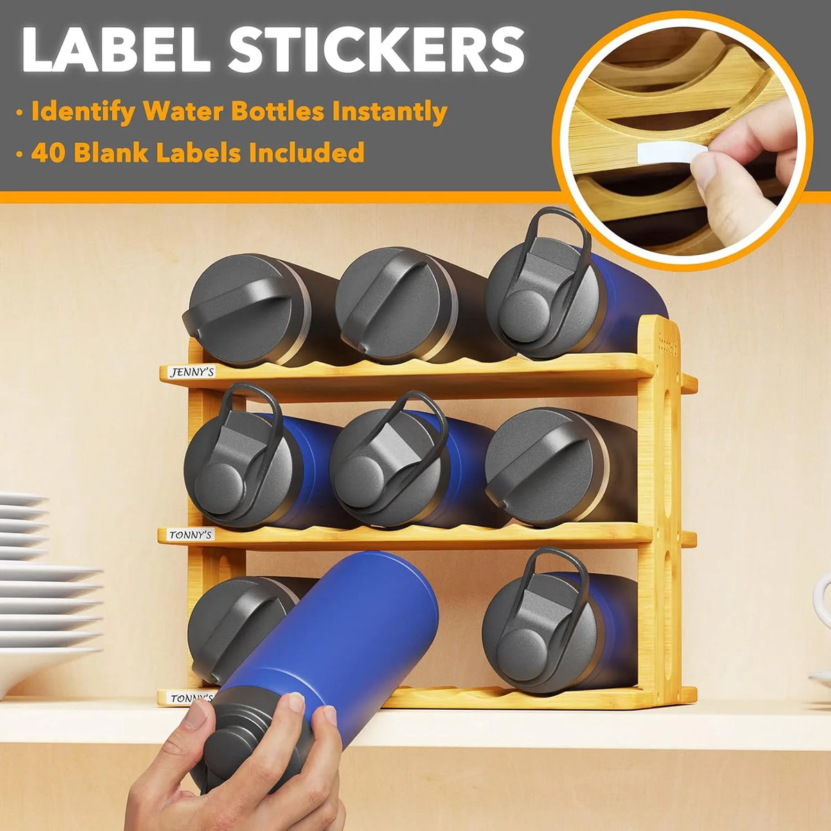 Bamboo Water Bottle Organizer with Labels, 3-Tier Stackable Bottle Holder