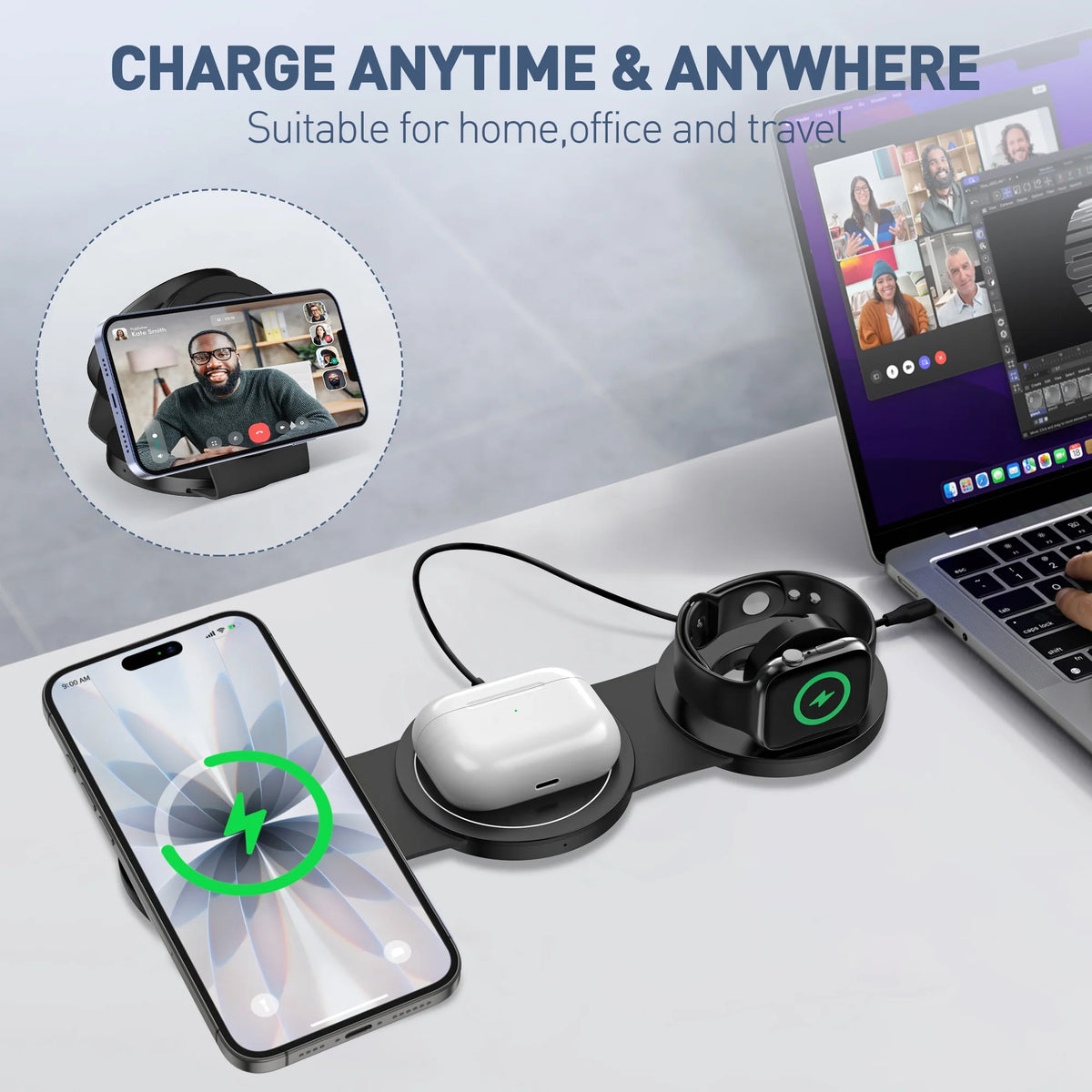 Wireless Charger for Iphone, 3 in 1 Charging Station for Apple Devices, Travel Magnetic Charger Stand for Iphone 17 16 15 14 13 12 Pro Max, Airpods 4/3/2/Pro, Apple Watch 3-10