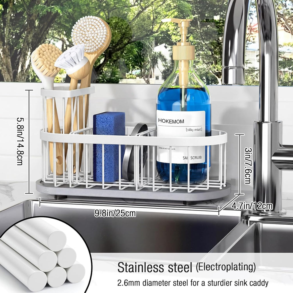 Sink Caddy Kitchen Sink Organizer, Sponge & Brush Holder, Stone Drying Mat | Space-Saving Sink Sponge Holder with Full-Size Tool Storage, Fits Most Sinks, Kitchen Sink Accessory and Countertop Organizer