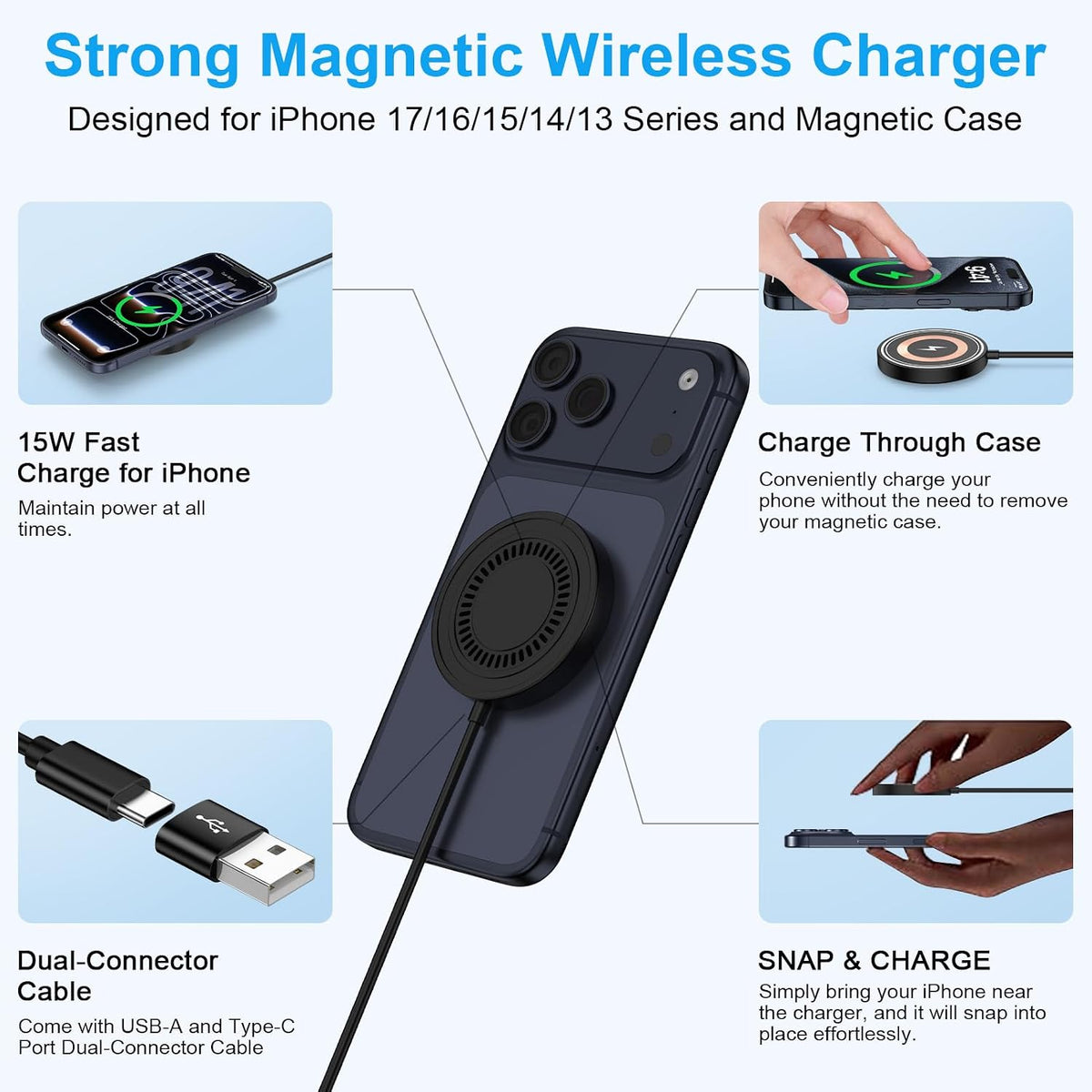 Magnetic Wireless Charger Pad for Samsung Galaxy S26 Ultra S26+ S26 S25 Ultra S24 FE S23,15W Magnet Wireless Fast Charging Station Magsafe Charger for Iphone 17 Pro Max 16Plus 15 14 13,Google Pixel 10