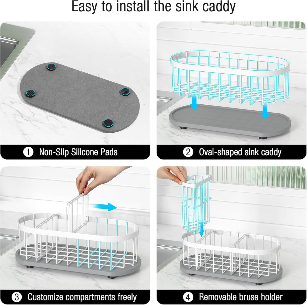Sink Caddy Kitchen Sink Organizer, Sponge & Brush Holder, Stone Drying Mat | Space-Saving Sink Sponge Holder with Full-Size Tool Storage, Fits Most Sinks, Kitchen Sink Accessory and Countertop Organizer