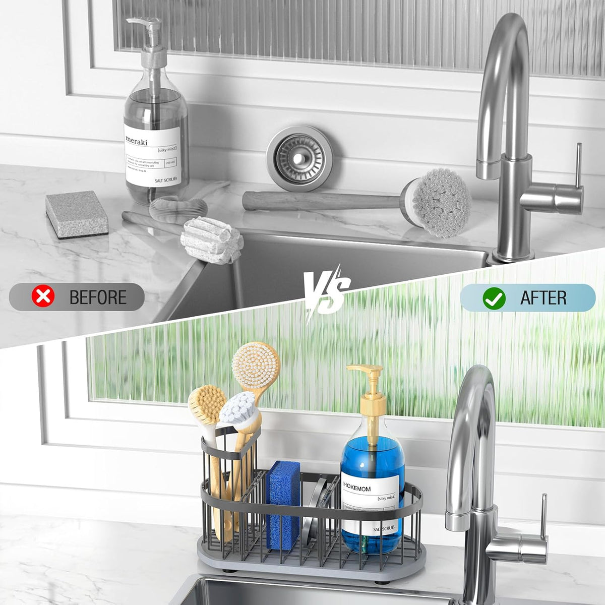 Sink Caddy Kitchen Sink Organizer, Sponge & Brush Holder, Stone Drying Mat | Space-Saving Sink Sponge Holder with Full-Size Tool Storage, Fits Most Sinks, Kitchen Sink Accessory and Countertop Organizer
