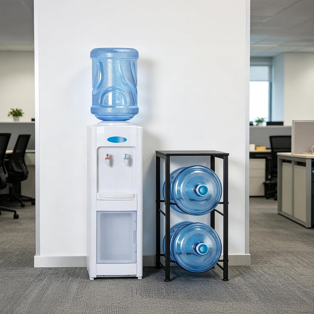 5 Gallon Water Jug Holder 2 Tier Water Bottle Holder Organizer with Top Shelf Heavy Duty Water Storage Rack Dispenser Stand for Kitchen Office Garage Black