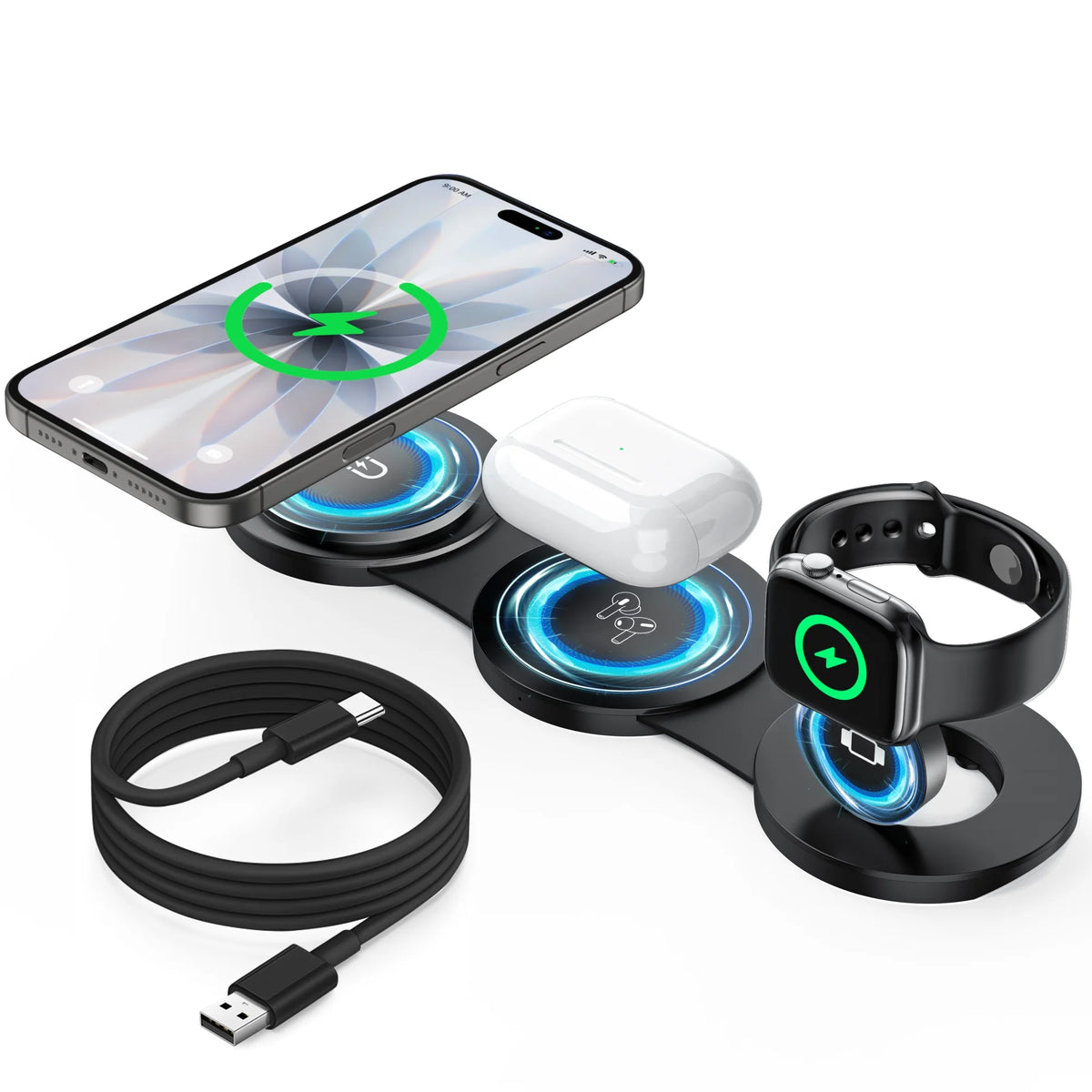 Wireless Charger for Iphone, 3 in 1 Charging Station for Apple Devices, Travel Magnetic Charger Stand for Iphone 17 16 15 14 13 12 Pro Max, Airpods 4/3/2/Pro, Apple Watch 3-10