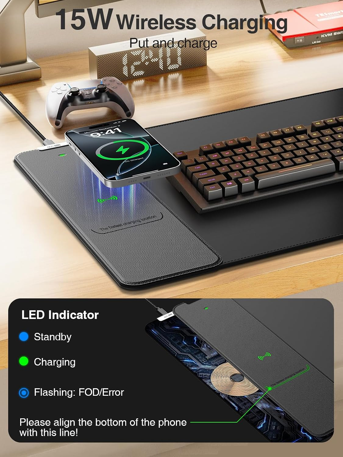 Wireless Charging Mouse Pad, 31.5"X15.8" Large Desk Mat, Smooth Glide | Waterproof Mousepad, Stitched Edge, Non-Slip Rubber Base, Desk Pad Computer Keyboard Mat, No Adapter