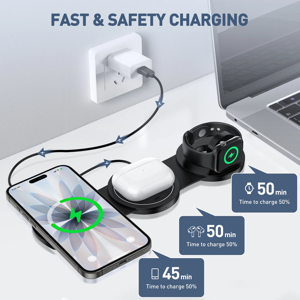 Wireless Charger for Iphone, 3 in 1 Charging Station for Apple Devices, Travel Magnetic Charger Stand for Iphone 17 16 15 14 13 12 Pro Max, Airpods 4/3/2/Pro, Apple Watch 3-10