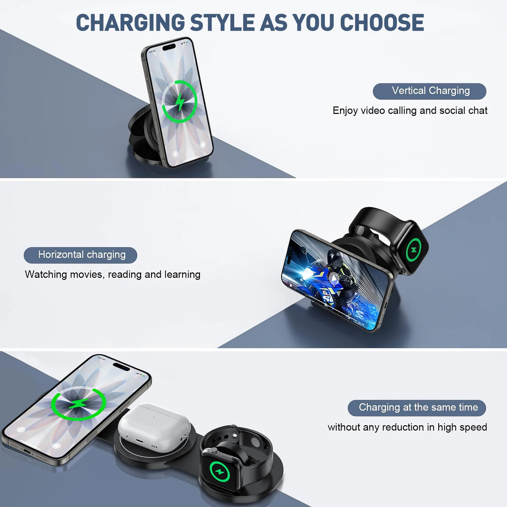 Wireless Charger for Iphone, 3 in 1 Charging Station for Apple Devices, Travel Magnetic Charger Stand for Iphone 17 16 15 14 13 12 Pro Max, Airpods 4/3/2/Pro, Apple Watch 3-10