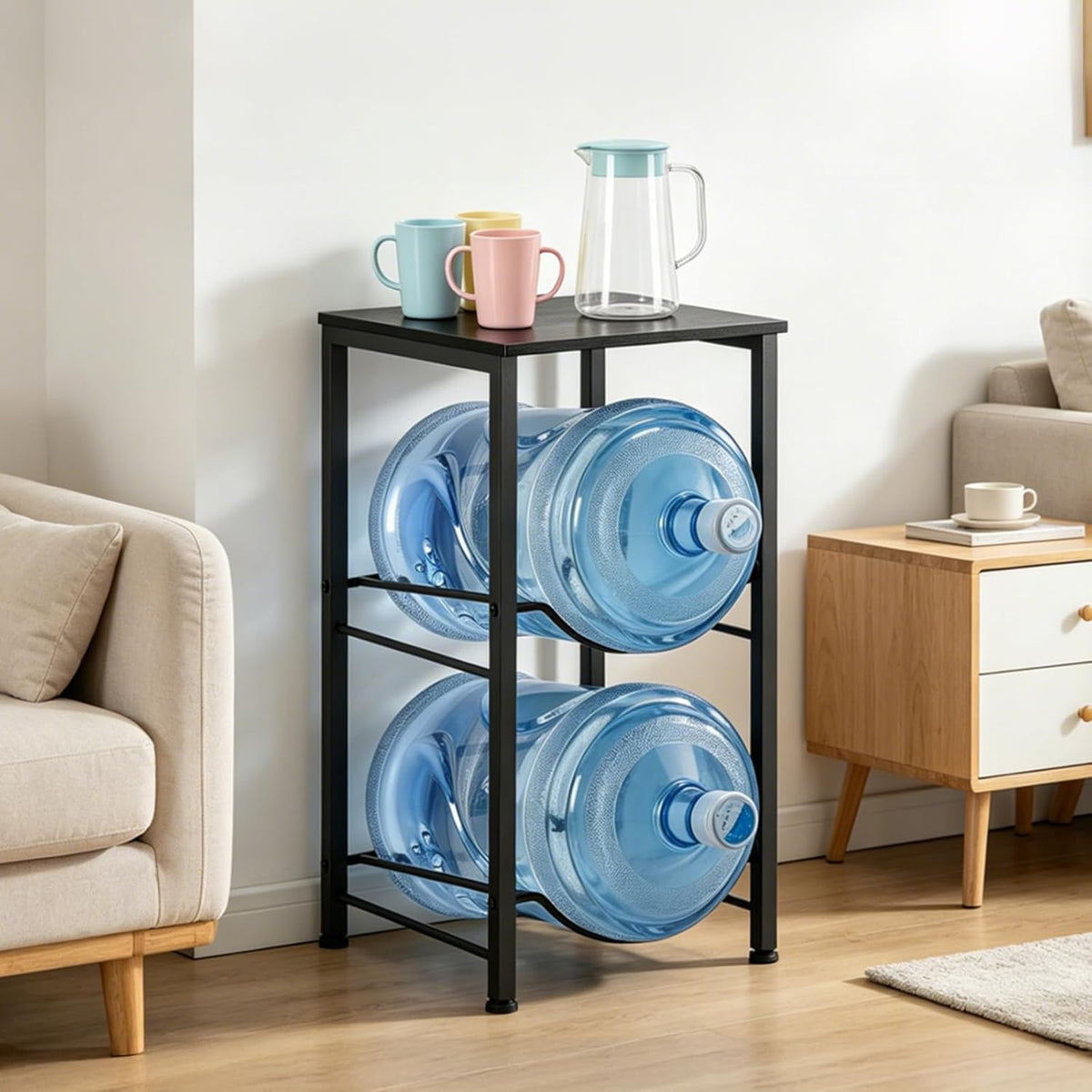 5 Gallon Water Jug Holder 2 Tier Water Bottle Holder Organizer with Top Shelf Heavy Duty Water Storage Rack Dispenser Stand for Kitchen Office Garage Black