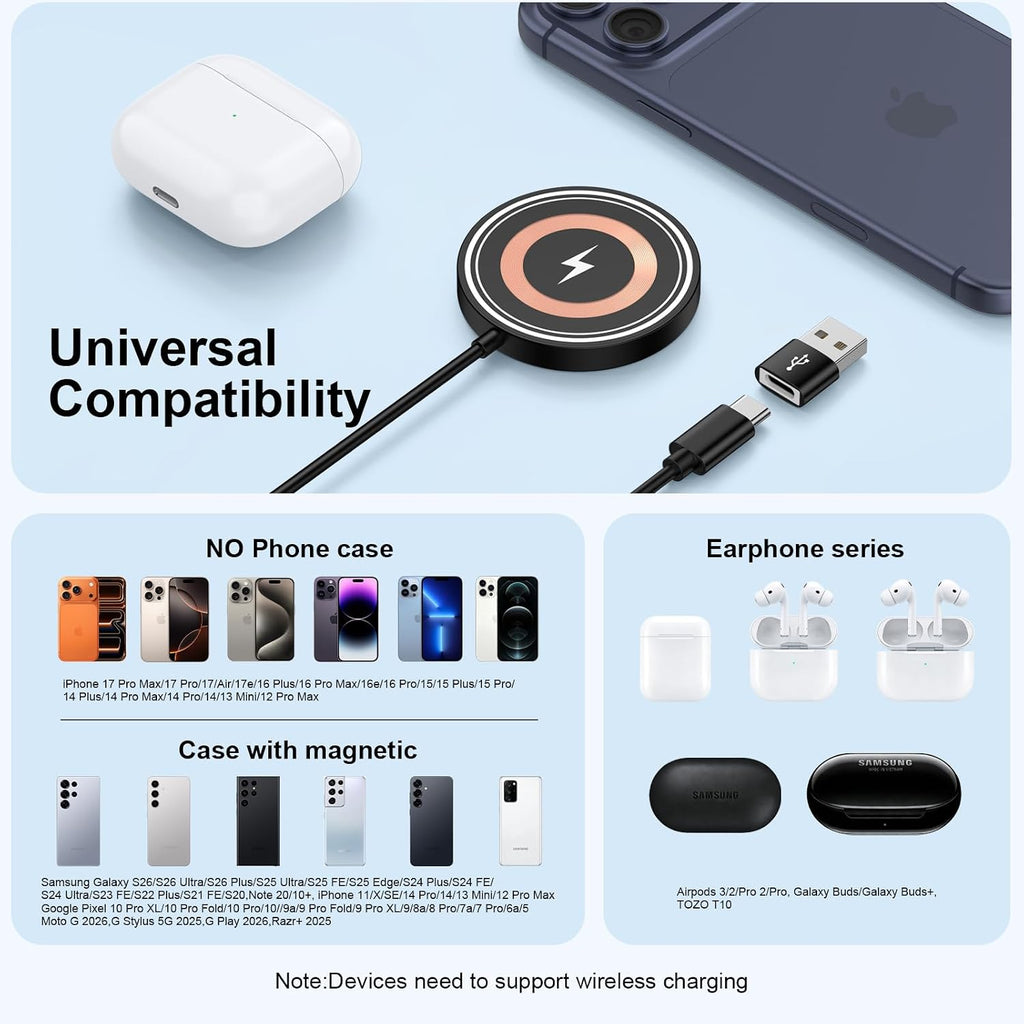 Magnetic Wireless Charger for Samsung Galaxy S26 Ultra Z Fold8/Flip8 7 S26+ | S25 Ultra S25 Fe/Edge S24 S23,Pixel 10 9A,15W Wireless Fast Charging Station Magsafe Charger Pad for Iphone 17E 17 Pro Max 16
