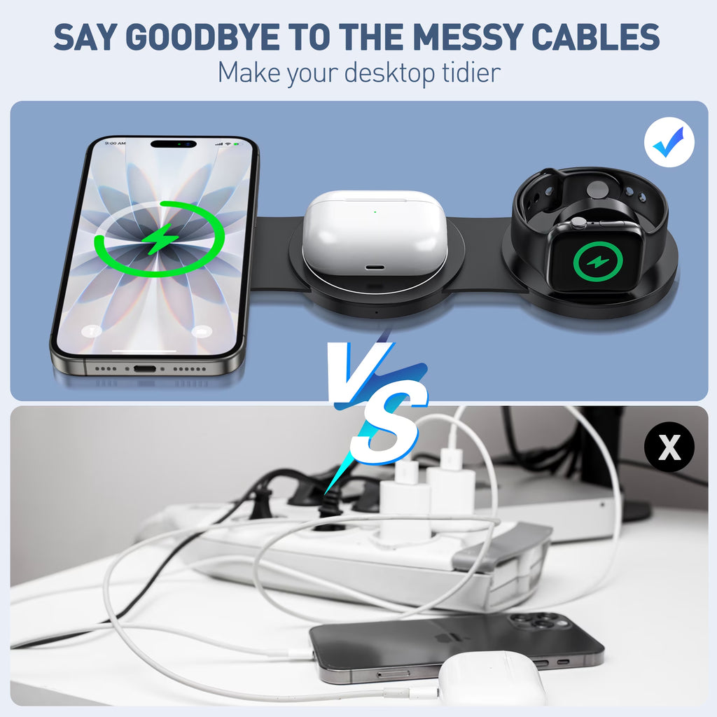 Wireless Charger for Iphone, 3 in 1 Charging Station for Apple Devices, Travel Magnetic Charger Stand for Iphone 17 16 15 14 13 12 Pro Max, Airpods 4/3/2/Pro, Apple Watch 3-10