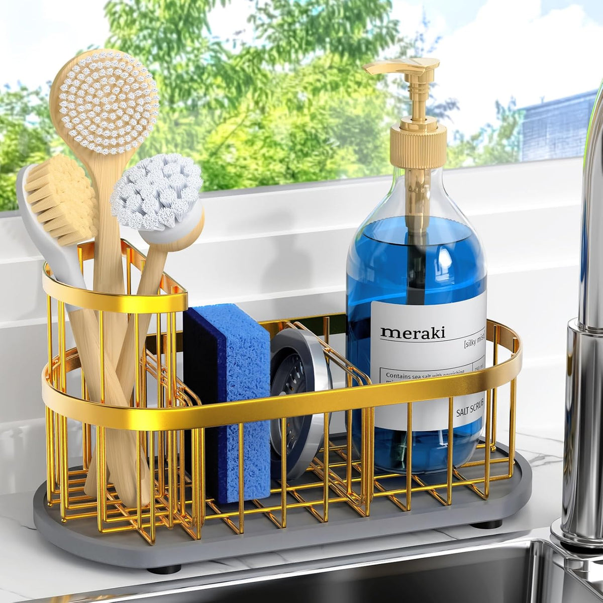 Sink Caddy Kitchen Sink Organizer, Sponge & Brush Holder, Stone Drying Mat | Space-Saving Sink Sponge Holder with Full-Size Tool Storage, Fits Most Sinks, Kitchen Sink Accessory and Countertop Organizer