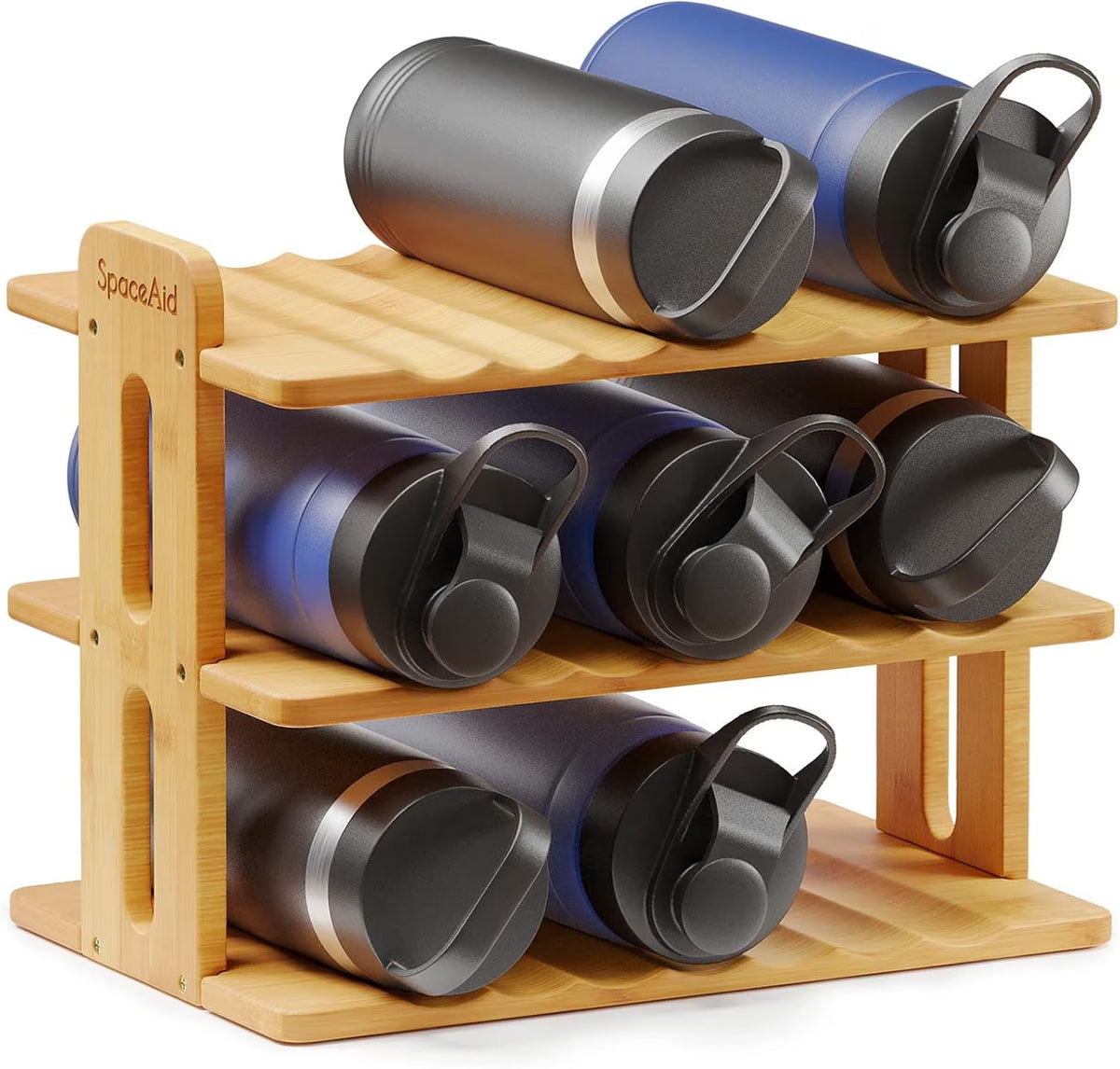 Bamboo Water Bottle Organizer with Labels, 3-Tier Stackable Bottle Holder