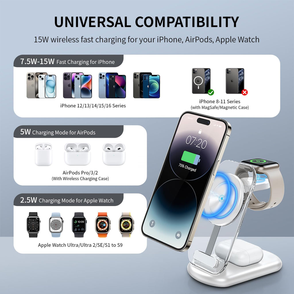 2026 Traveling Wireless Mag-Safe Fast Charging Station,Magnetic 3 in 1 Charger with Light for Iphone 16 15 14 13 12 Pro Max Plus,Apple Watch Series & Air Pods 4 3 2 Pro-Gifts for Wife & Husband