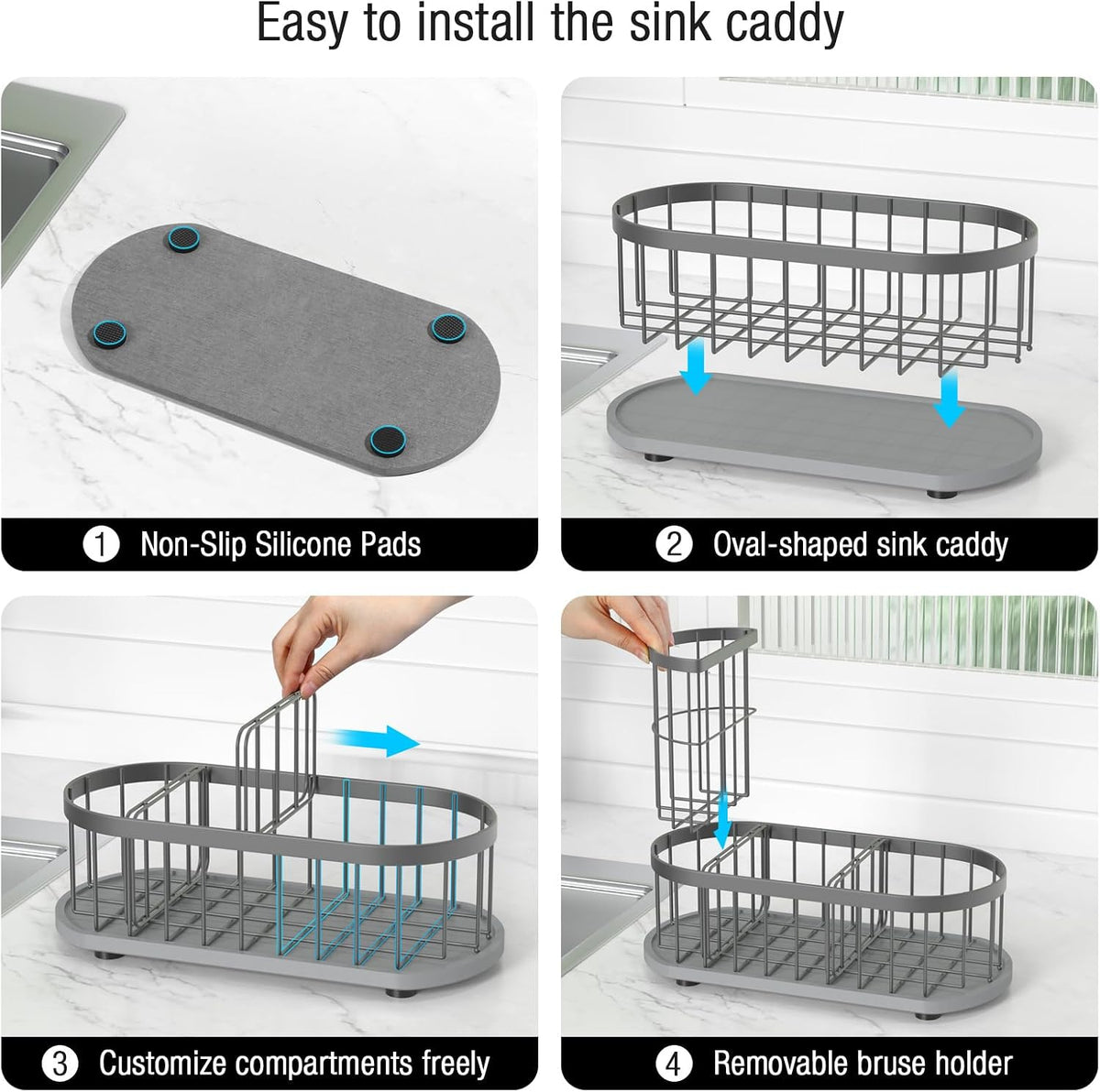 Sink Caddy Kitchen Sink Organizer, Sponge & Brush Holder, Stone Drying Mat | Space-Saving Sink Sponge Holder with Full-Size Tool Storage, Fits Most Sinks, Kitchen Sink Accessory and Countertop Organizer