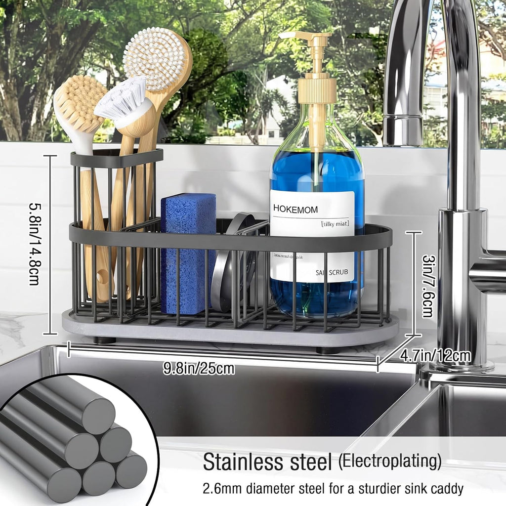 Sink Caddy Kitchen Sink Organizer, Sponge & Brush Holder, Stone Drying Mat | Space-Saving Sink Sponge Holder with Full-Size Tool Storage, Fits Most Sinks, Kitchen Sink Accessory and Countertop Organizer
