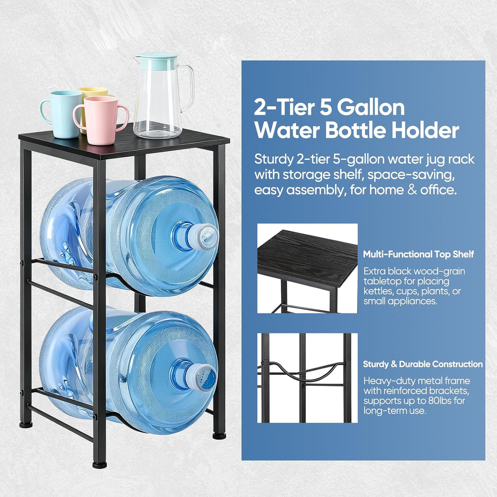 5 Gallon Water Jug Holder 2 Tier Water Bottle Holder Organizer with Top Shelf Heavy Duty Water Storage Rack Dispenser Stand for Kitchen Office Garage Black