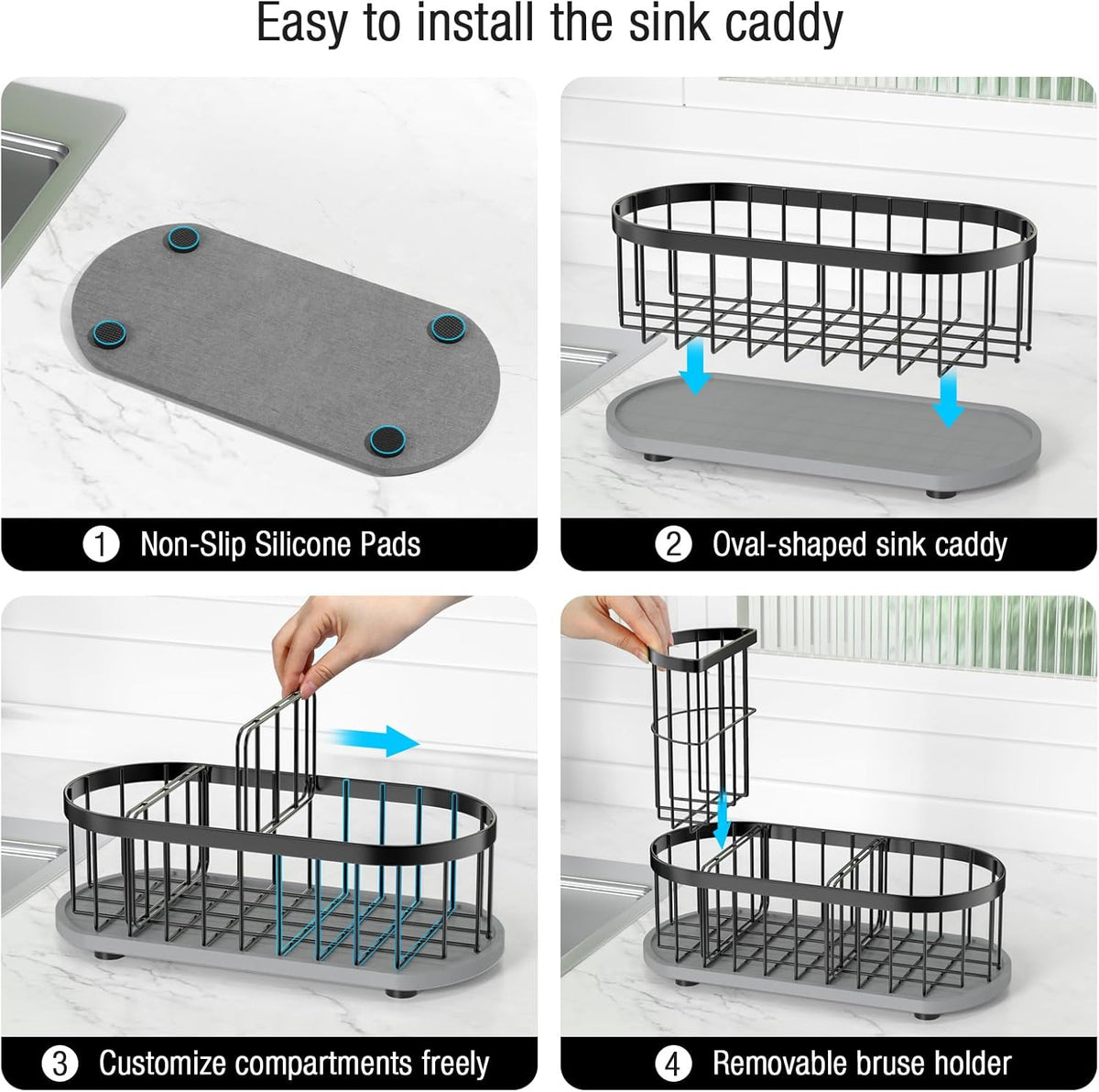 Sink Caddy Kitchen Sink Organizer, Sponge & Brush Holder, Stone Drying Mat | Space-Saving Sink Sponge Holder with Full-Size Tool Storage, Fits Most Sinks, Kitchen Sink Accessory and Countertop Organizer